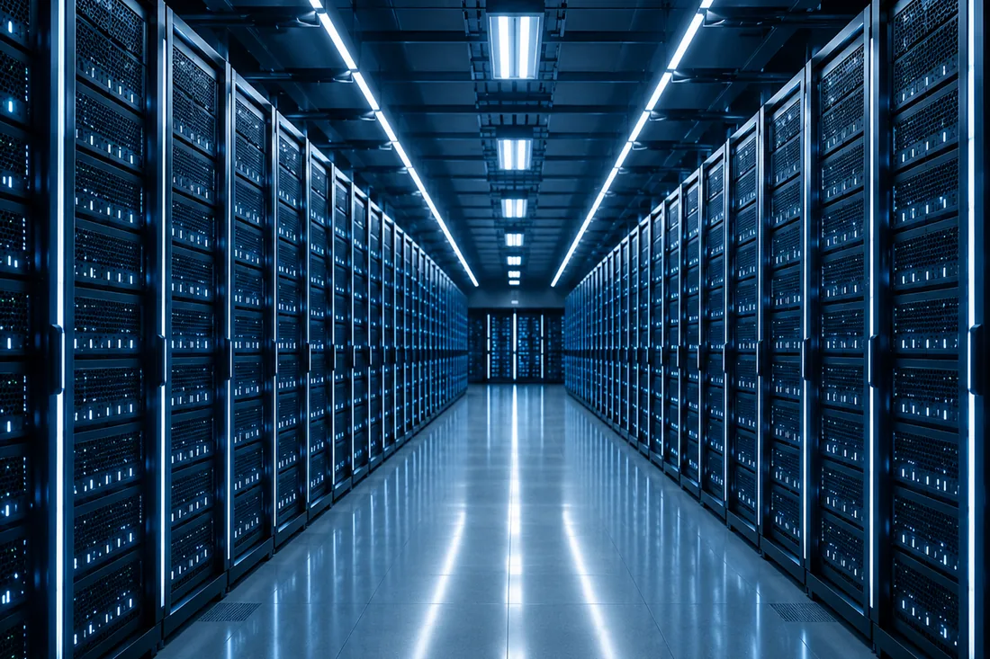 Corredor sim&eacute;trico de data center com racks iluminados em azul.