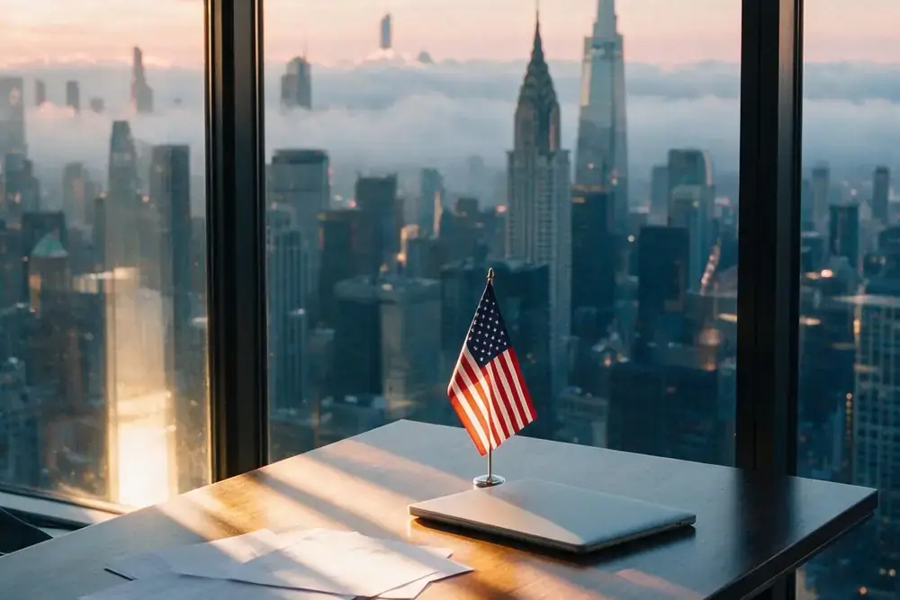 Mesa de escrit&oacute;rio com bandeira dos Estados Unidos e o skyline de Nova York pela janela.